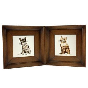 Screen Craft Cat Kittens Trivet Tile Art  Phyllis Howard Cork Back Wooden Framed